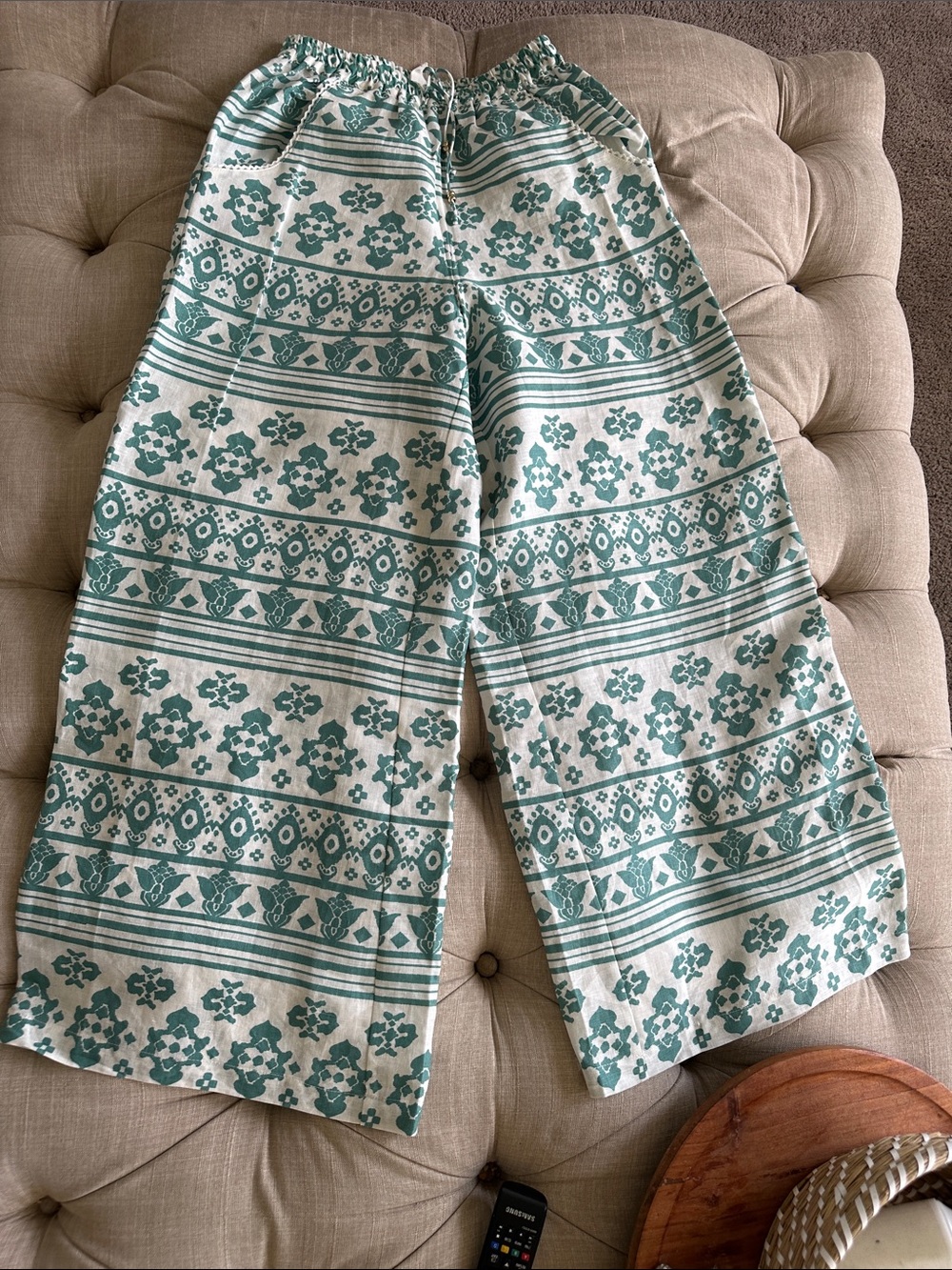 Kivari Wide Leg Printed Cotton Pants in Teal 100% linen
